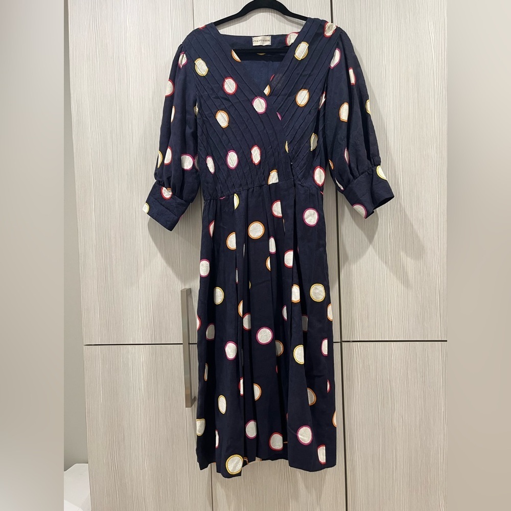 VINTAGE Fine Feathers |  Midi Dress with Puff Sleeves | Navy Blue Polka Dot | 12